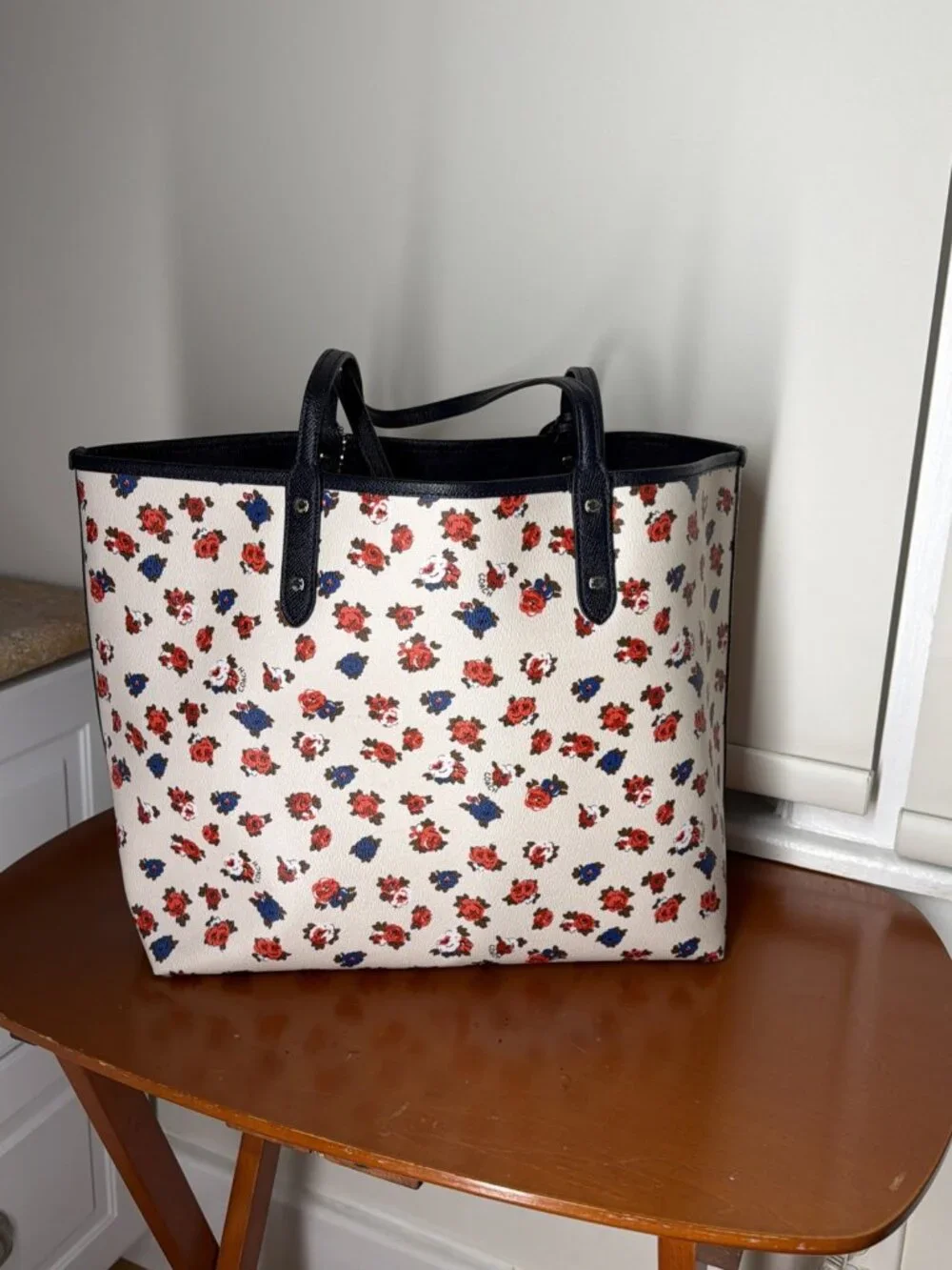 Coach Floral Reversible City Tote Navy Pebbled Leather Bag